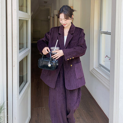 2点セット！【セットアップ】ライトラグジュアリー コーデュロイ 上下セット 2026春新作 ダブルブレスト ジャケット＆ワイドパンツ レディース【JZシリーズ】