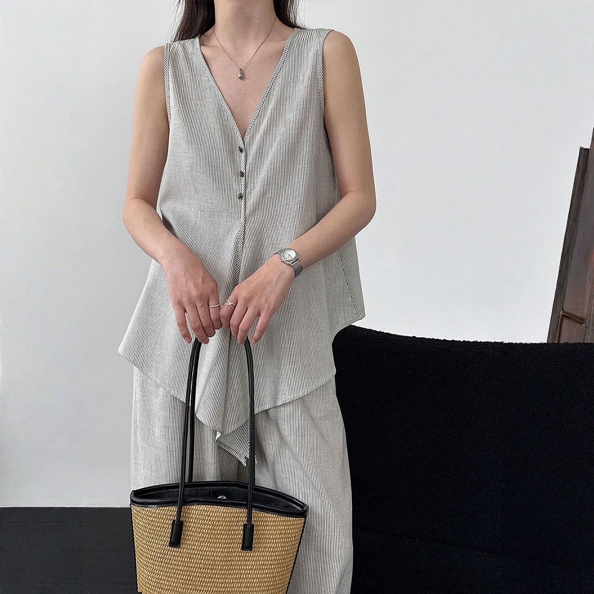 【セットアップ】テンセル×リネン ノースリーブ ストライプトップス + カジュアルロングパンツ 2点上下セット 【JZシリーズ】