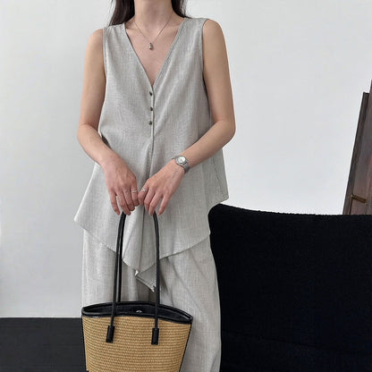 【セットアップ】テンセル×リネン ノースリーブ ストライプトップス + カジュアルロングパンツ 2点上下セット 【JZシリーズ】