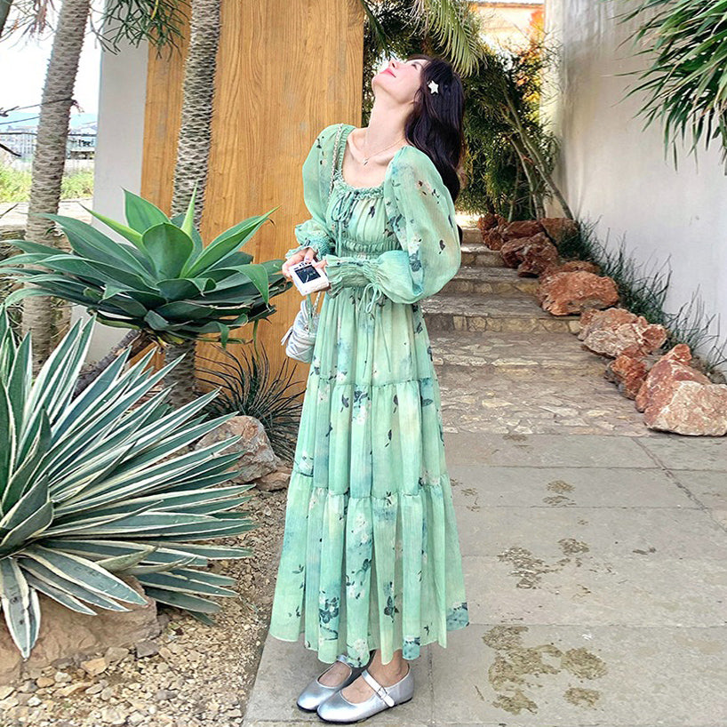 【ワンピース】超美 春夏秋 高級感 フリル付き プリント 長袖ワンピース【SHシリーズ】