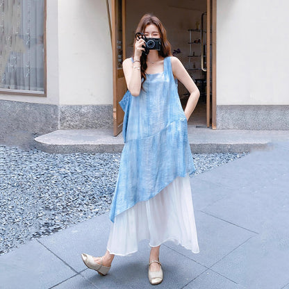 【ワンピース】夏 レディース ブルータイダイ ノースリーブ ワンピース 配色 染め柄 大人可愛い 体型カバー ファッション【SHシリーズ】