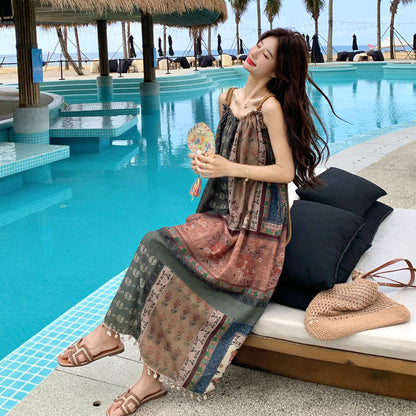 【ワンピース】リゾート ワンピース エスニック プリント ノースリーブ ロング丈 大きいサイズ 体型カバー 着痩せ おしゃれ【SHシリーズ】