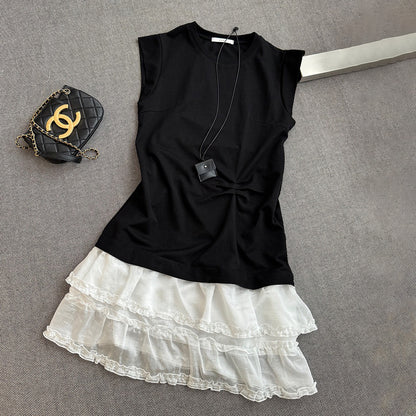 【ワンピース】夏新作 韓国風ウエストマーク切り替え デザイン感 レース ノースリーブワンピース【JZシリーズ】