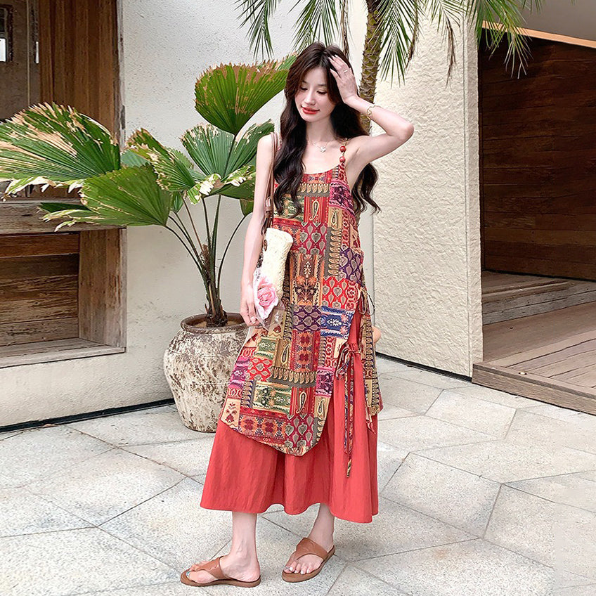 【ワンピース】民族風 夏新作 ゆったり＆細見え 花柄ノースリーブキャミワンピース【SHシリーズ】