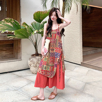 【ワンピース】民族風 夏新作 ゆったり＆細見え 花柄ノースリーブキャミワンピース【SHシリーズ】