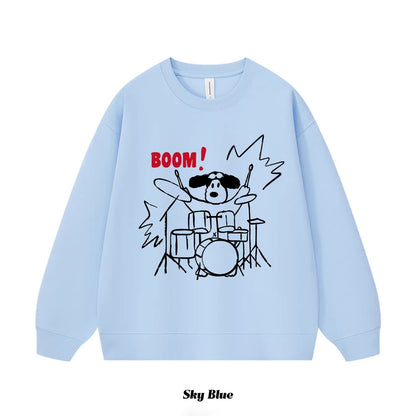 7カラー | S~3XL【トップス】ロック風 犬イラスト ドラムプリント クルーネック スウェット 秋 ルーズ ユニセックス パーカー【FCシリーズ】