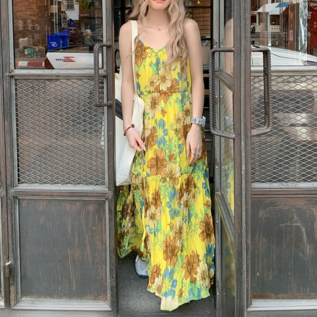 【ワンピース】リゾート風 花柄  キャミソール ティーブレイク風 ノースリーブ ロング ワンピース 【SHシリーズ】