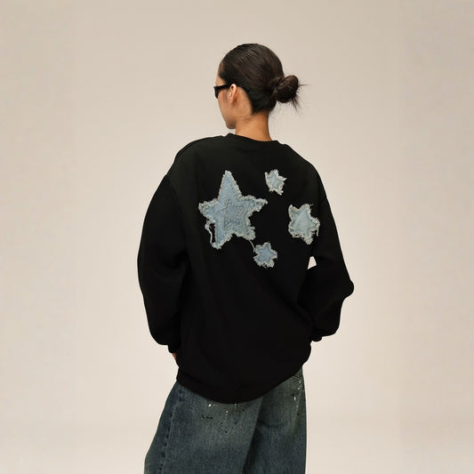 【トップス】星形ワッペン アメリカンヴィンテージ風 ゆったりシルエット ラウンドネック パーカー 【FCシリーズ】