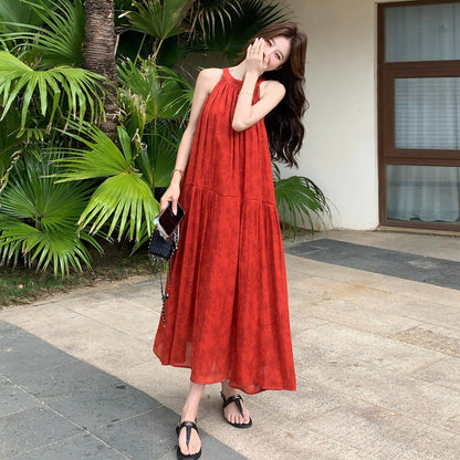 【ワンピース】夏新作 レッド ジャガード ホルターネック ワンピース オリエンタル レトロ 海辺 リゾート ロング丈【SHシリーズ】