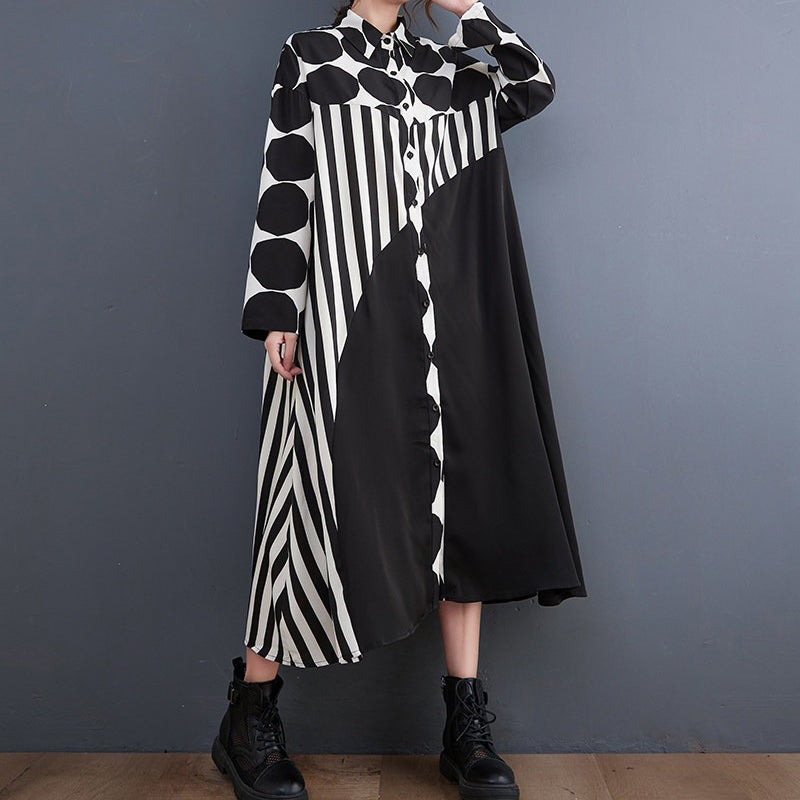 【ワンピース】配色ドット柄シャツワンピース レディース 春新作 大きいサイズ ゆったり ロング丈 カジュアル【JZシリーズ】