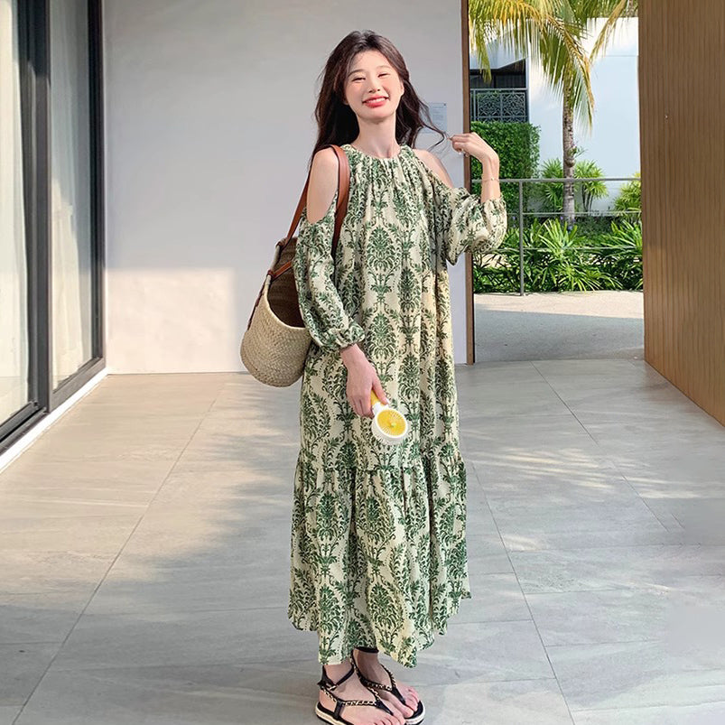 【ワンピース】フレンチエレガンス オフショルダー 花柄 半袖ワンピース 夏 海辺バカンス ロングドレス【SHシリーズ】