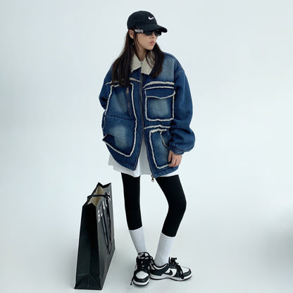 【アウター】アメリカ 秋冬 カップル服 ゆったり レトロ ダメージデニム ラムウール ジャケット【FCシリーズ】