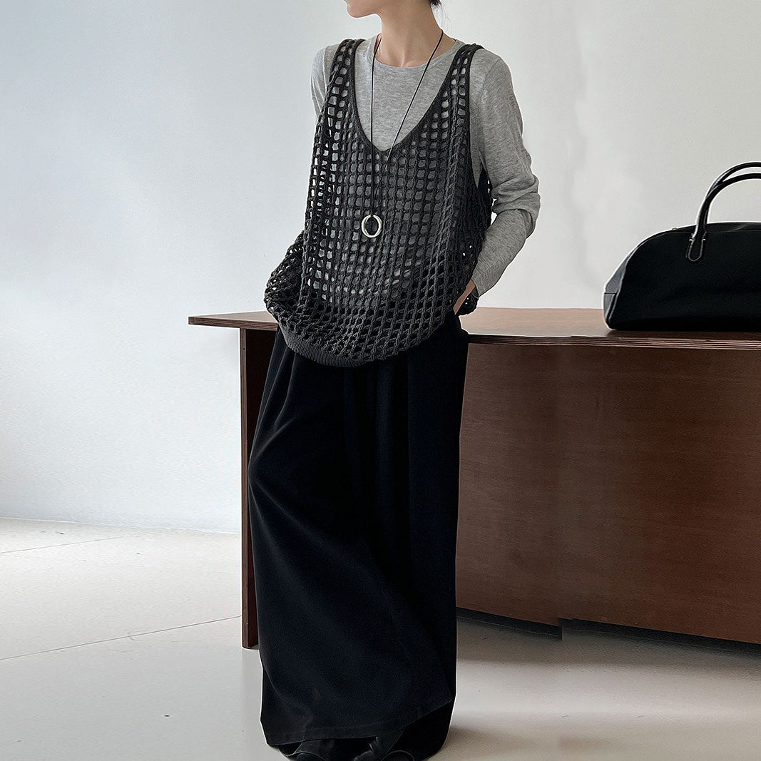【トップス】ウール混 透かし編み ニットベスト｜Vネック×レイヤードに最適な秋トップス【JZシリーズ】