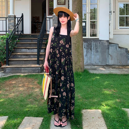 【ワンピース】キャミソールワンピース レディース 2026新作 夏 ハイウエスト フレア ロング丈 ノースリーブ ナチュラル リゾート 旅行 フォトジェニック プリント柄【SHシリーズ】