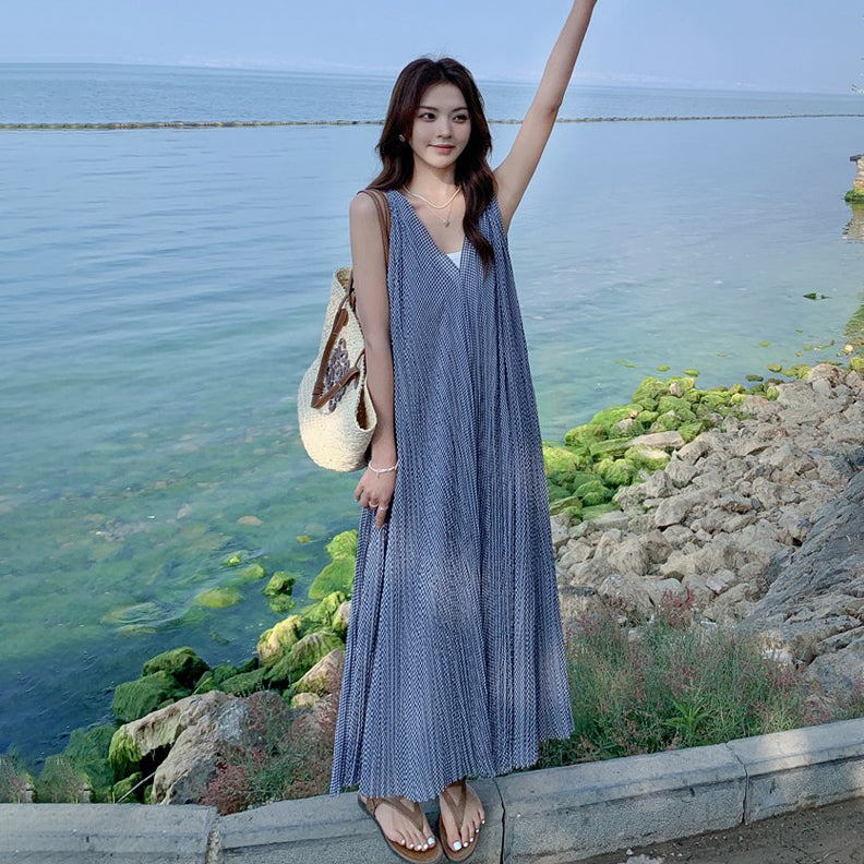 【ワンピース】韓国風 千鳥格 ノースリーブワンピース レディース 夏 大きめ裾 ロング丈 高見え【SHシリーズ】