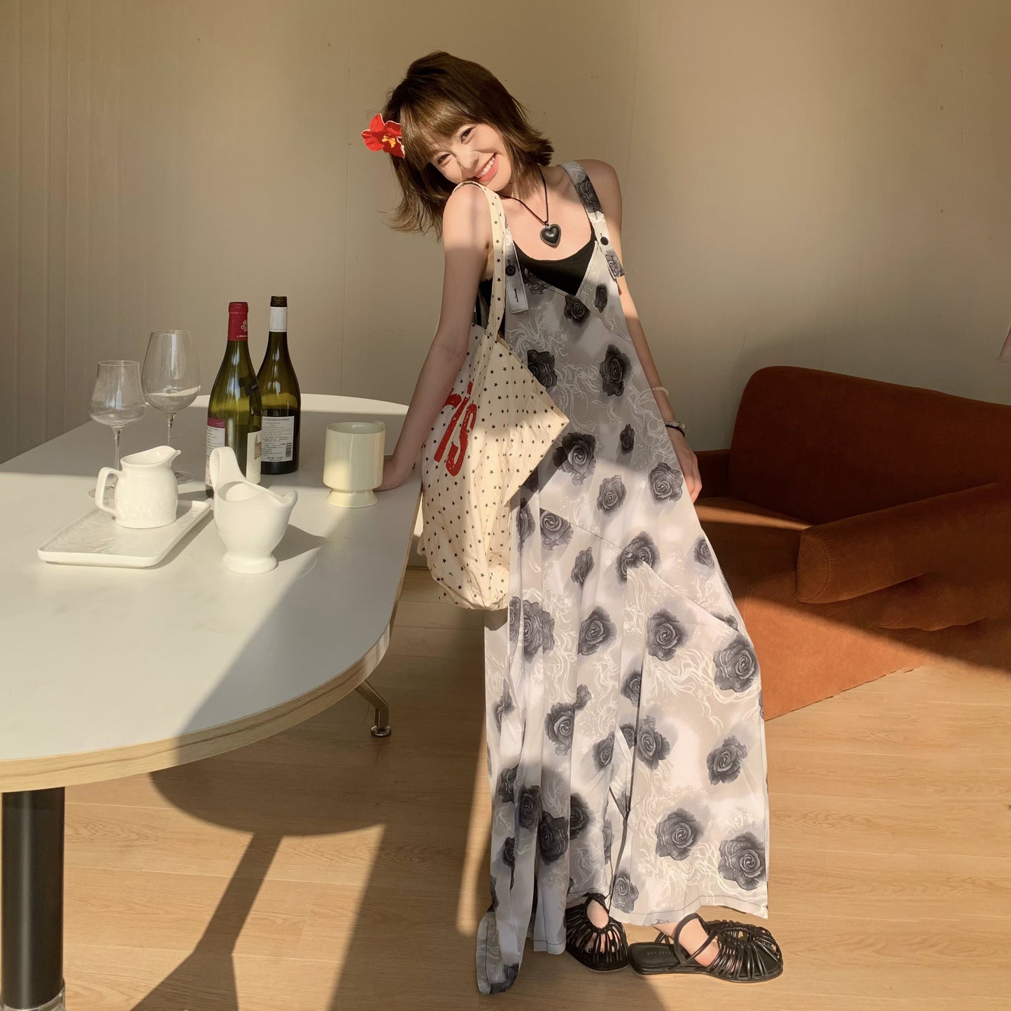 【ボトムス】夏新作 ヴィンテージ風 ローズ柄 ゆったりシルエット カジュアル オールインワン【SHシリーズ】