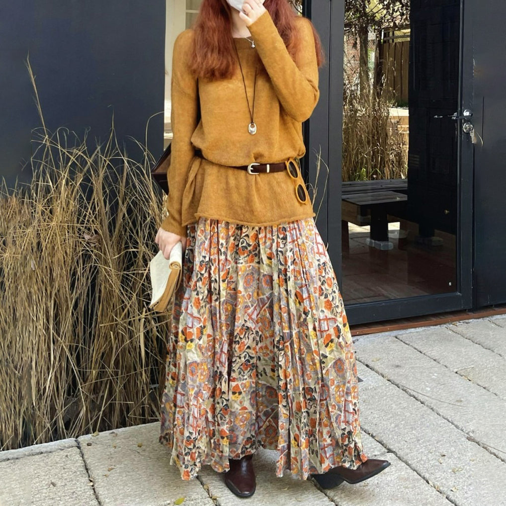 【ボトムス】花柄デザイン ハイウエスト ロングスカート Aライン 落ち感【SHシリーズ】