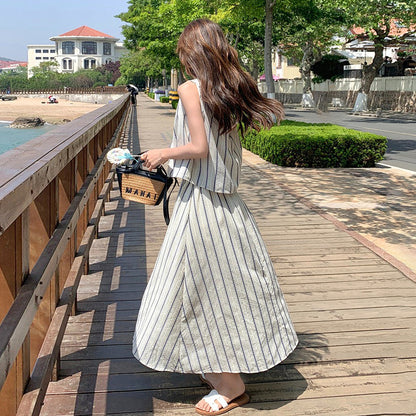 2点セット！【セットアップ】後ろ姿まで抜かりない…♡ ストライプ トップス＋スカート 上下セット 夏コーデ 大人かわいい こなれ感◎【JZシリーズ】