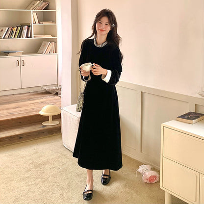 【ワンピース】💖高級感＆ロマンチック♡ヘップバーン風 ベルベット Aライン 長袖ワンピース【JZシリーズ】