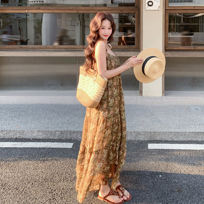 【ワンピース】夏新作 フレンチエレガンス 花柄 ノースリーブ キャミワンピース旅行 リゾート 海辺映え ロングドレス【SHシリーズ】