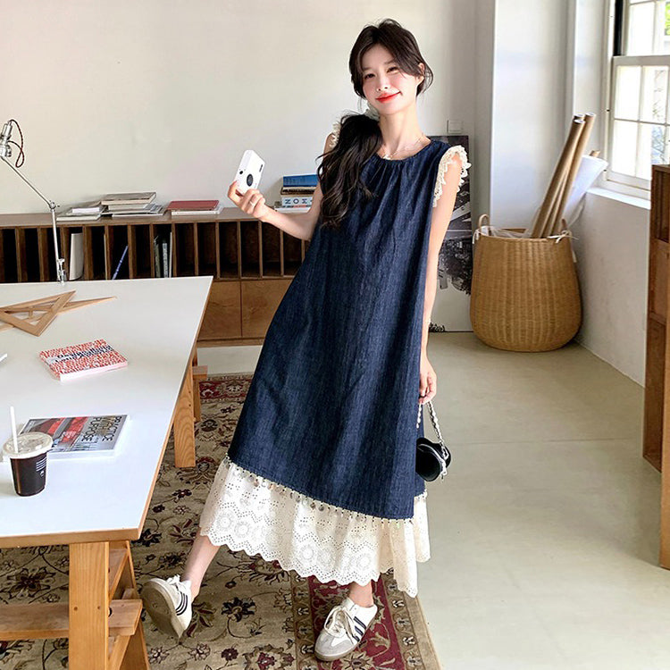 【ワンピース】夏新作 韓国風 ヴィンテージ風 スリム見え レーストリム ノースリーブ 切り替え デザイン ベストワンピース【JZシリーズ】