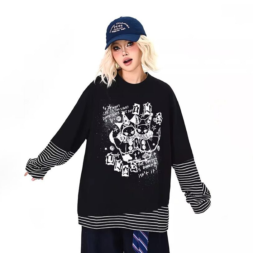 【トップス】レイヤード風 カートゥーン×ボーダー 長袖Tシャツ オーバーサイズ ルーズフィット【FCシリーズ】