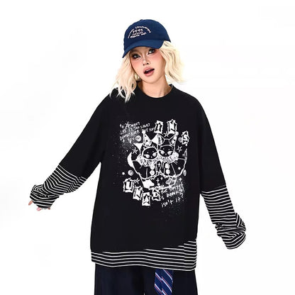 【トップス】レイヤード風 カートゥーン×ボーダー 長袖Tシャツ オーバーサイズ ルーズフィット【FCシリーズ】