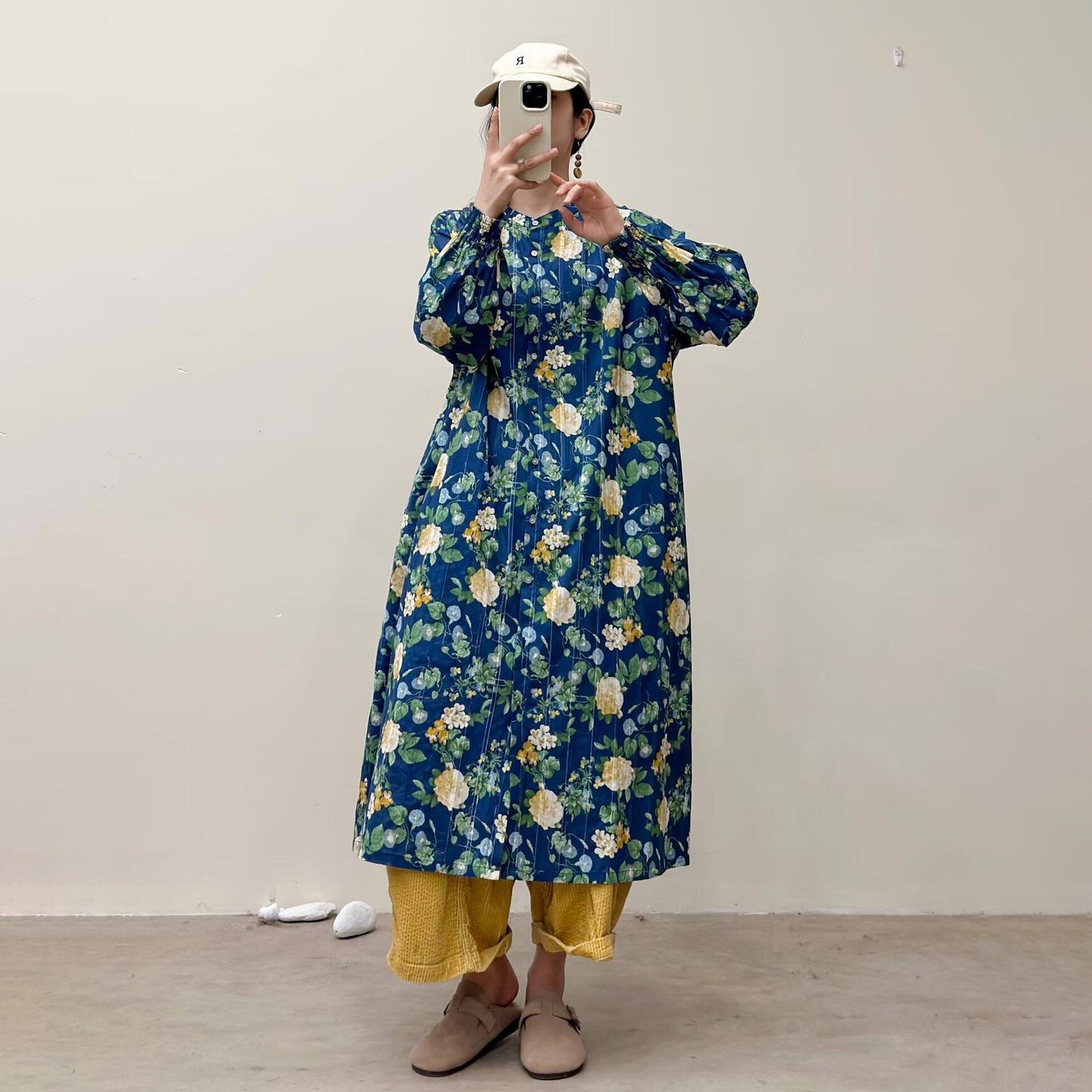 選べる7柄！【ワンピース】🎀カジュアルかわいい丸首プリントワンピース 長袖 シングルボタン 春新作 韓国風ウエストシェイプ レディース【SHシリーズ】