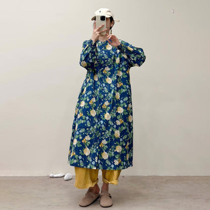 選べる7柄！【ワンピース】🎀カジュアルかわいい丸首プリントワンピース 長袖 シングルボタン 春新作 韓国風ウエストシェイプ レディース【SHシリーズ】