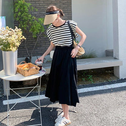 【ワンピース】ストライプ ワンピース レディース 夏 レイヤード風 半袖 ロングワンピース 細見え ウエストマーク 人気 フレンチ風【SHシリーズ】
