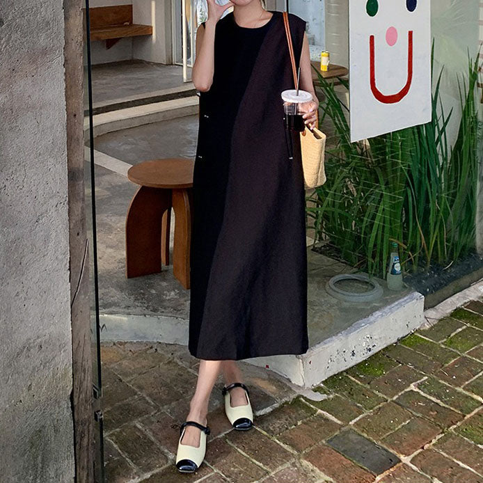 【洋裝】法式風夏季新款腰標修身後開襟成熟女人味無袖連身裙