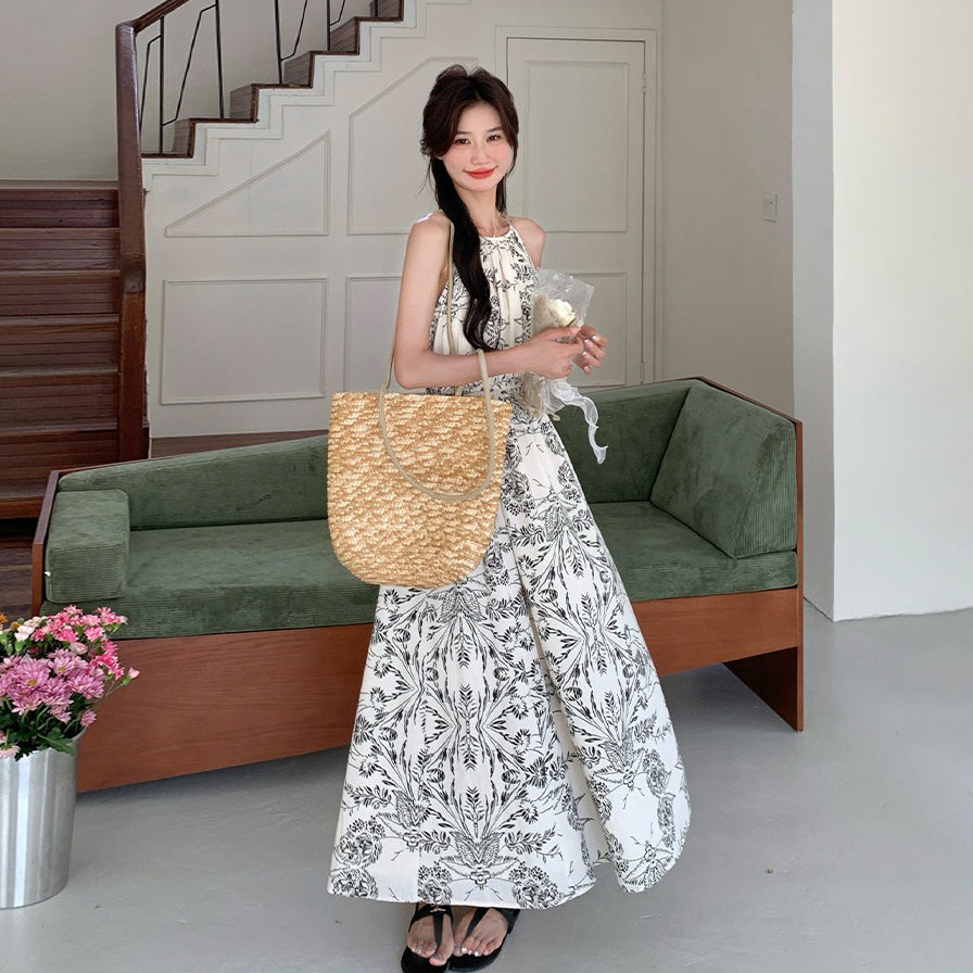 【ワンピース】フレンチ高級感 水墨画風プリント ホルターオフショル ノースリーブワンピース【SHシリーズ】