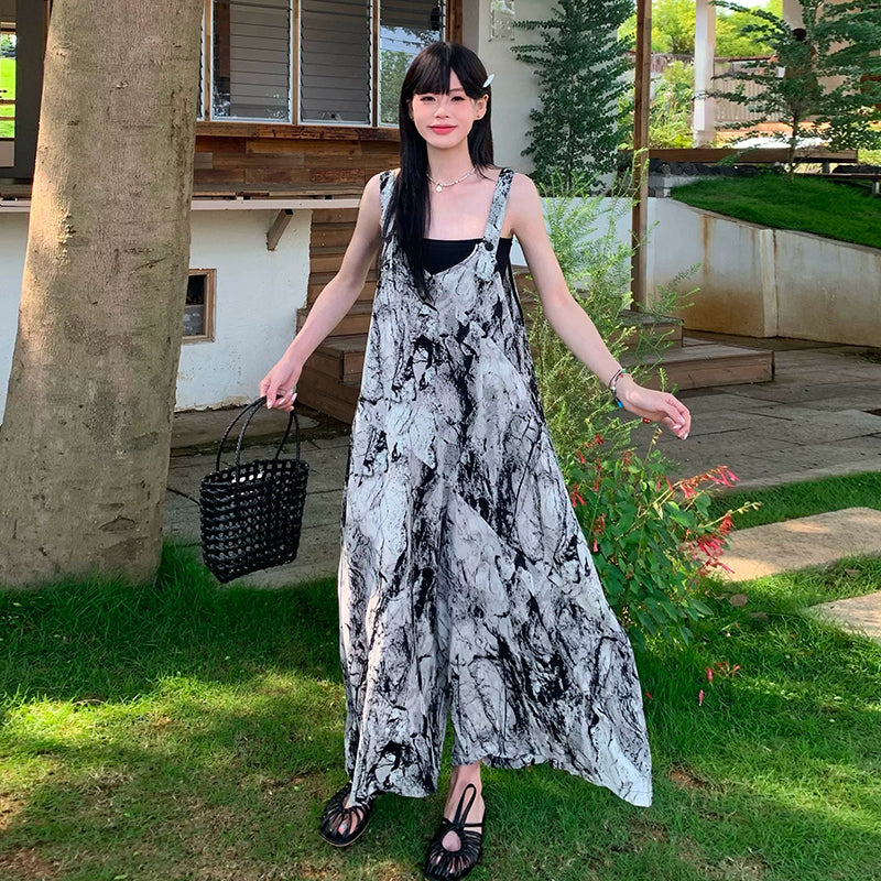【ボトムス】水墨グラデーション柄 サロペット レディース オールインワン 夏 Vネック ワイドパンツ ゆったり 体型カバー 体型カバー リラックス レトロ アート風【SHシリーズ】
