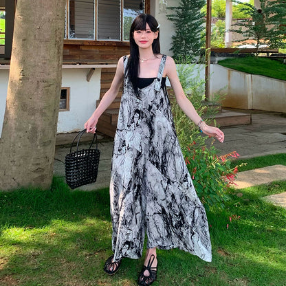 【ボトムス】水墨グラデーション柄 サロペット レディース オールインワン 夏 Vネック ワイドパンツ ゆったり 体型カバー 体型カバー リラックス レトロ アート風【SHシリーズ】