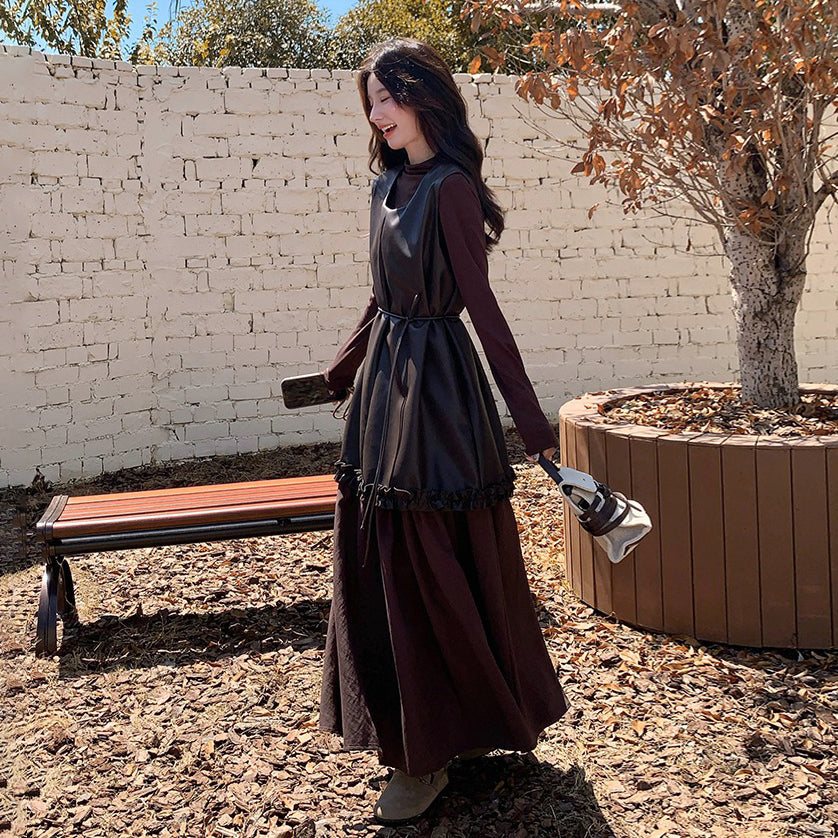 2点セット！【セットアップ】メラード風 PUレザー切り替え ワンピース＋インナートップスセット 春秋コーデ【JZシリーズ】