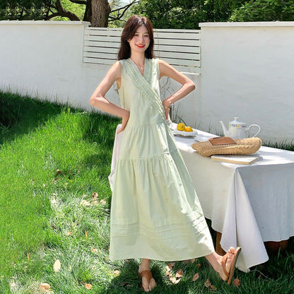 【ワンピース】ミントグリーン フリル プリーツ ノースリーブ ワンピース レディース 夏 甘め 若見え スタイル【JZシリーズ】