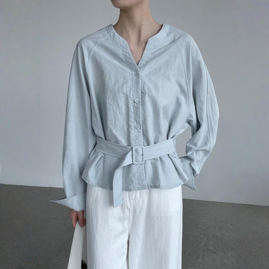 【トップス】ウエストシェイプ Vネック 通勤スタイル リボン付き シャツ 【JZシリーズ】