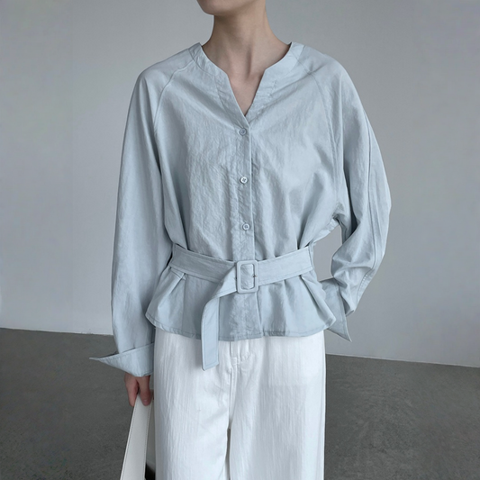 【トップス】ウエストシェイプ Vネック 通勤スタイル リボン付き シャツ 【JZシリーズ】