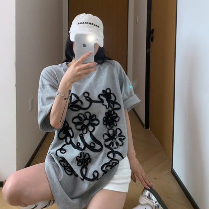 【トップス】夏 フラワーワッペン刺繍 コットン Tシャツ 【FCシリーズ】