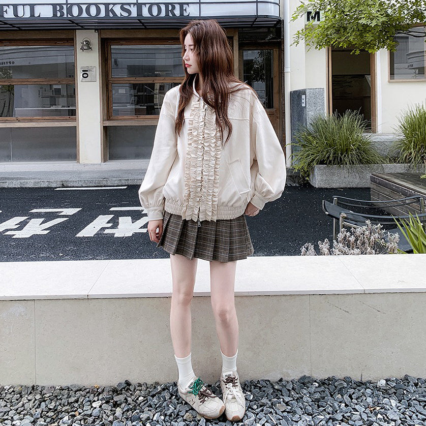 【アウター】カジュアル フリル切り替え スエード調 ショートジャケット【JZシリーズ】