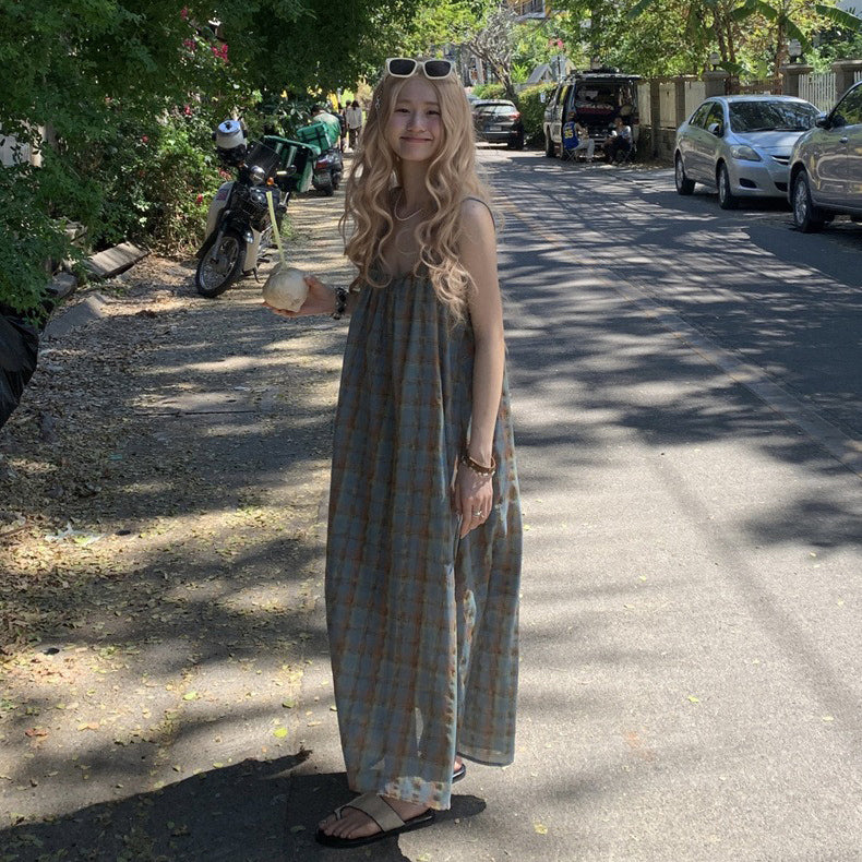 【ワンピース】大きいサイズ 気質 リゾート風 チェック柄 ノースリーブ キャミワンピース【SHシリーズ】