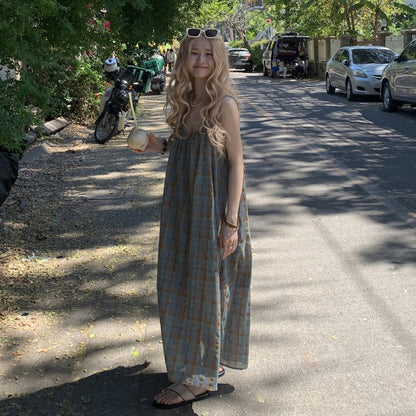 【ワンピース】大きいサイズ 気質 リゾート風 チェック柄 ノースリーブ キャミワンピース【SHシリーズ】