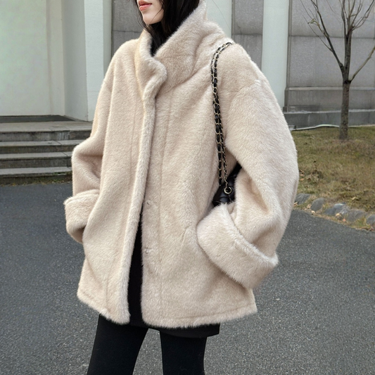 【アウター】エコミンク風ファー 春 秋 冬 立ち襟 フェイクファー スエード調裏地 もこもこ コート 【JZシリーズ】