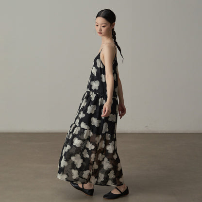 【ワンピース】フレンチレトロ風 花柄ノースリーブワンピース ゆったり体型カバー 休日リゾートコーデに【SHシリーズ】