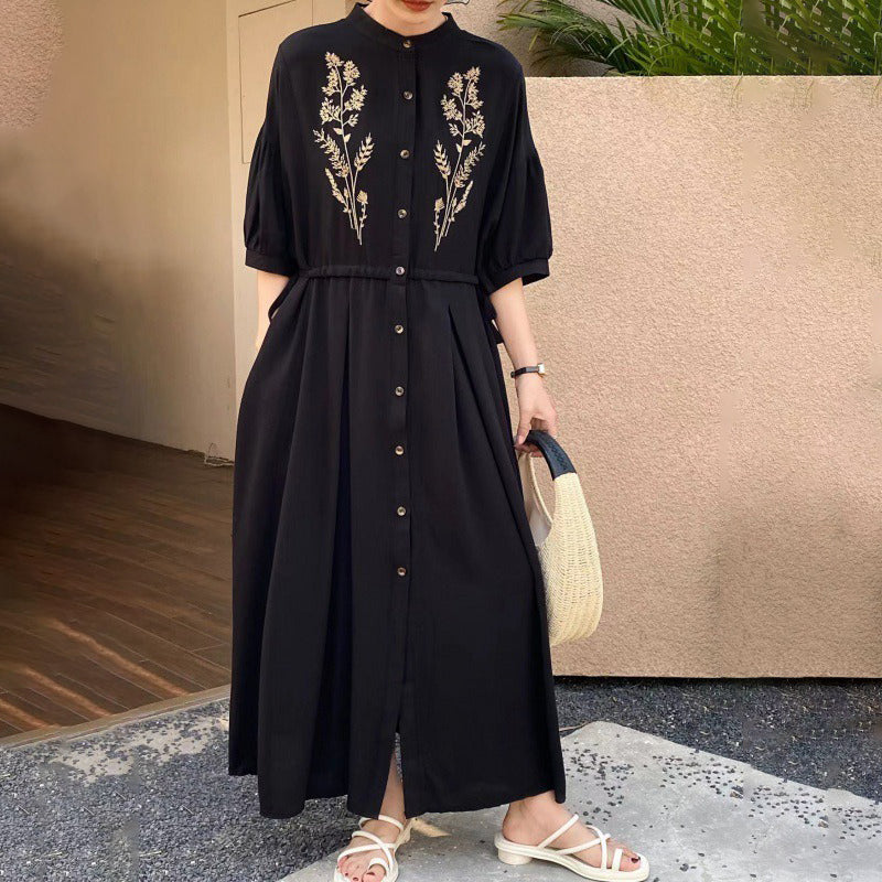 [洋裝] 春秋夏季大尺碼寬鬆民族風度假風刺繡短袖洋裝