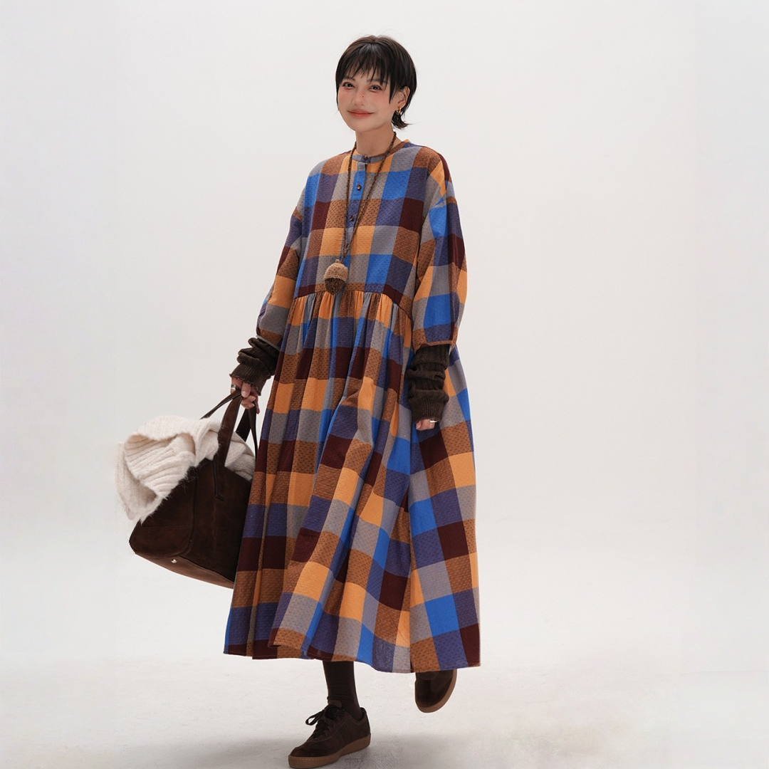 【ワンピース】春 秋 冬 レトロ風 ゆったりチェック柄 ロング ワンピース ワンピース 【JZシリーズ】