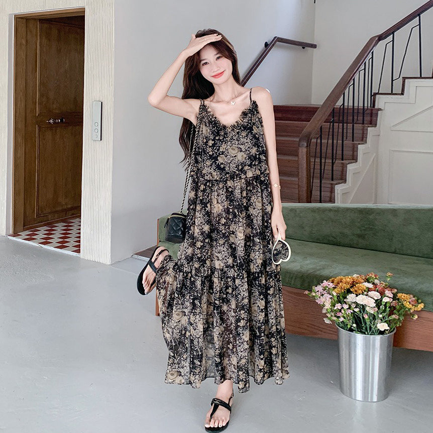 【ワンピース】ビーチリゾート風 温かみフラワー ノースリーブキャミソールワンピース【SHシリーズ】