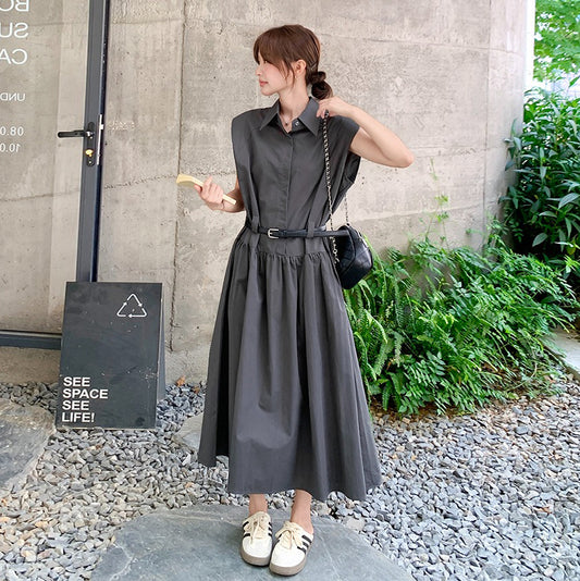 【ワンピース】グレーノースリーブワンピース ウエストマークで細見え◎上品見えの韓国風ロング丈【JZシリーズ】