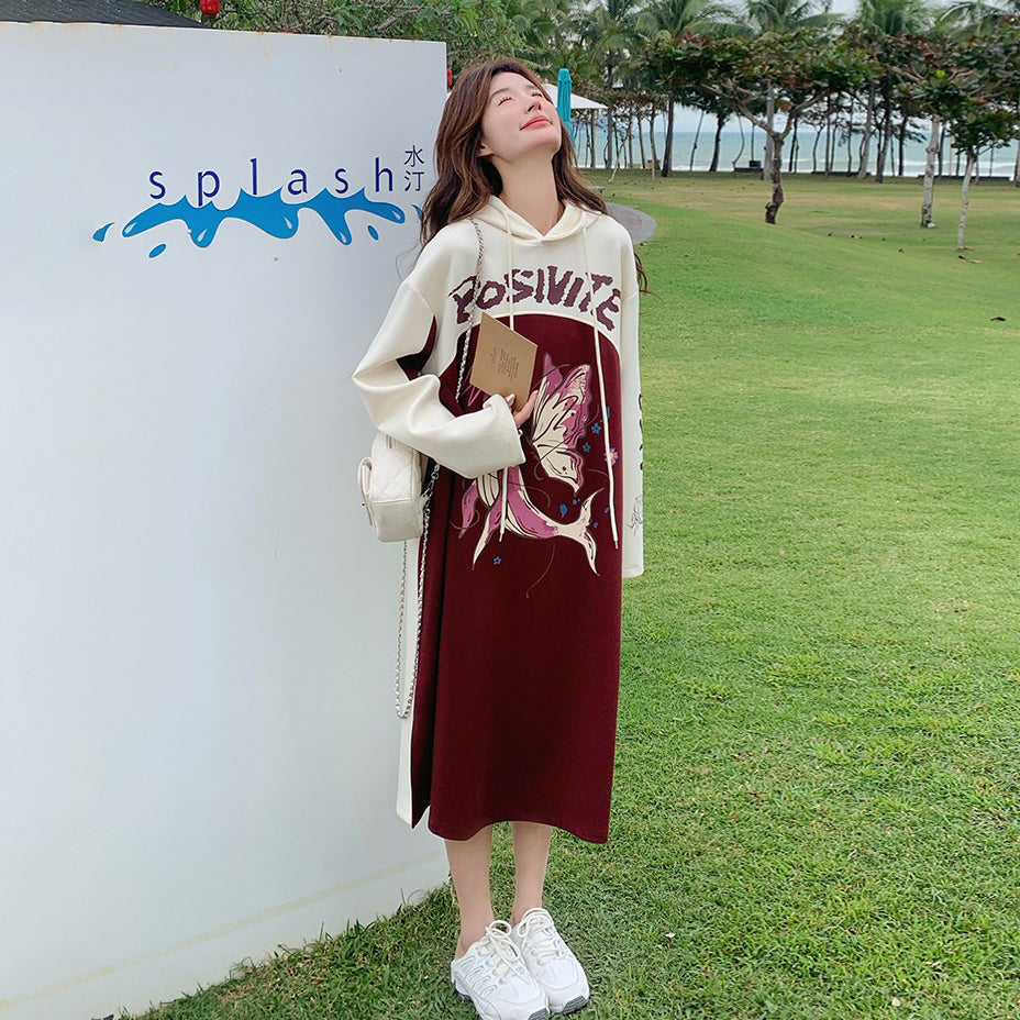 【ワンピース】韓国風カジュアル 配色 長袖スウェットワンピース レディース 春秋 人気 ゆったりフード付きロングワンピース【JZシリーズ】