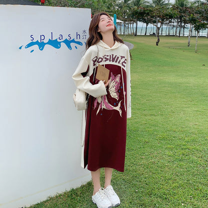 【ワンピース】韓国風カジュアル 配色 長袖スウェットワンピース レディース 春秋 人気 ゆったりフード付きロングワンピース【JZシリーズ】